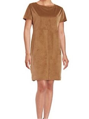 H Halston camel caramel brown faux suede shift dress with pockets, small